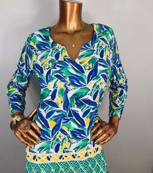 Pappagallo The Erin Palm Leaf Print V-Neck Stretch Jersey Tunic Top
